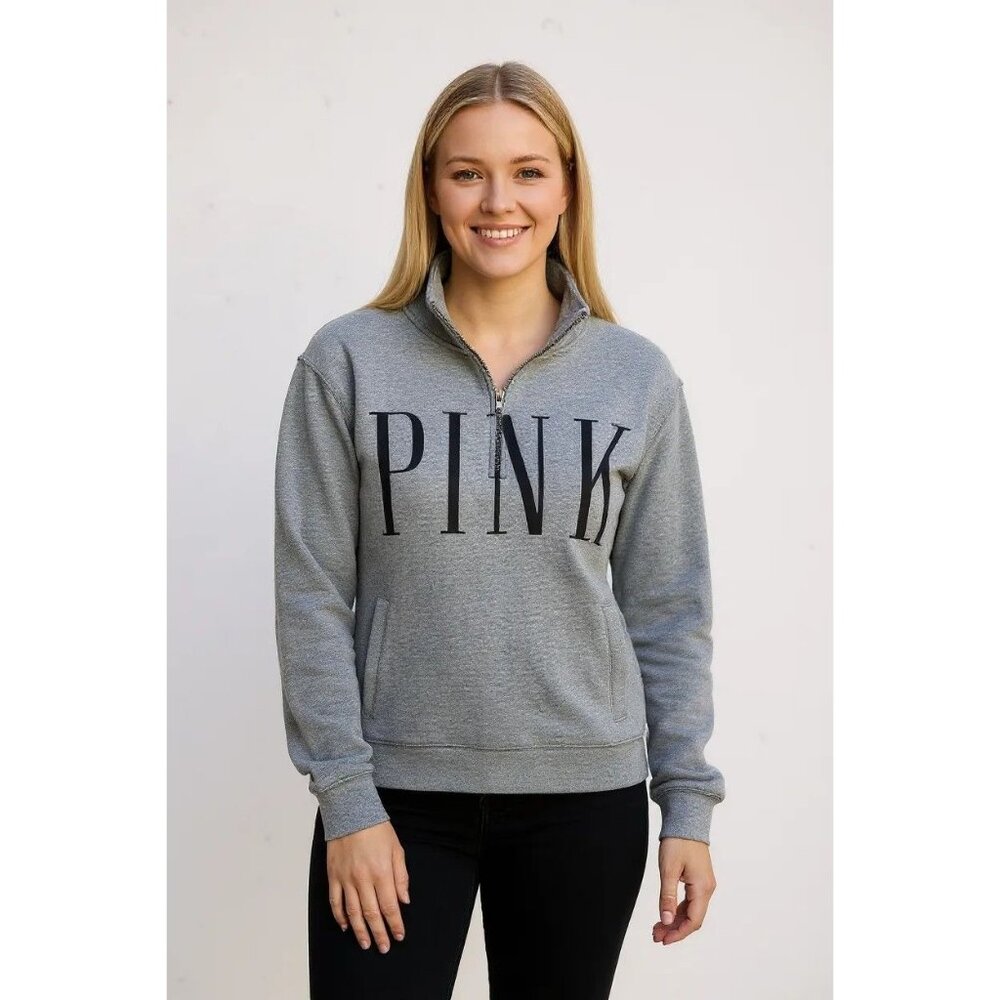 Victorias Secret Pink Grey Half-Zip Pullover Sweatshirt Size L